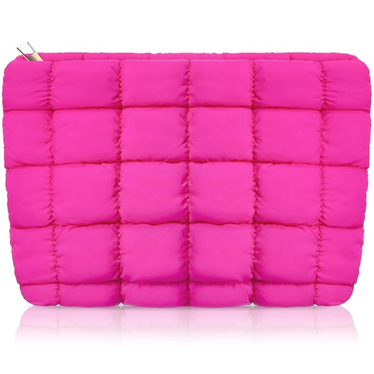 Hillban Puffy Quilted Makeup Bag Quilted Cosmetic Bag Cute Puffer Toiletry Checkered Pouch Aesthetic Travel Makeup Brushes Organizer(Rose Red,Classic)