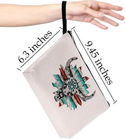 Western Cow Skull Makeup Bag Country Stuff Western Gifts for Women Female Country Girls Bestie BFF Cowgirl Gifts Cosmetic Bag Zipper Pouch Western Stuff Travel Bag Graduation Birthday Gifts