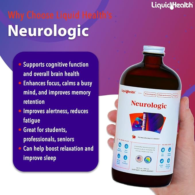 LIQUIDHEALTH Brain Booster Neurologic Liquid Vitamins Memory Focus Concentration Support for Adults, Learning Healthy Cognitive Alertness Multivitamins Brain Food 32 Fl Oz (2 Pack)