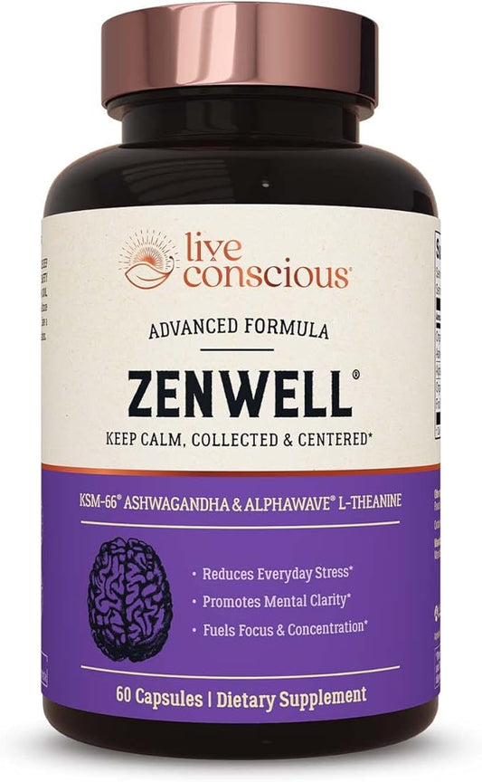 Live Conscious KSM-66 Ashwagandha Supplement w/L Theanine & AlphaWave - ZenWell Everyday Stress Relief, Mood Support, Cognitive, Brain Health - Ashwagandha for Men & Women - 60 Capsules