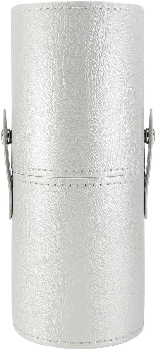 Portable Makeup Brush Case,Pu Leather Makeup Brush Holder with Button,Travel Cup Storage Dustproof Makeup Cosmetic Bags for Women (Silver)