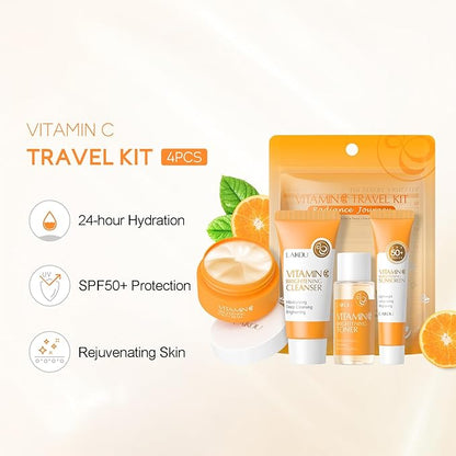Vitamin C Travel Skincare Set for Teenage Girls, Skin Care Set Travel Kit 4 Pack, Face Routine Set for Women and Girls with Cleanser, Toner, Face Cream, Sunscreen SPF50 - Travel Essentials Gift Set
