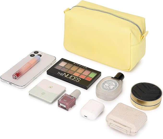 Organizer Bag Lightweight Cosmetic Bag with Ring Clasp Perfect Travel Makeup Bag for Women nylon Stand Up Design (Yellow/Nylon)