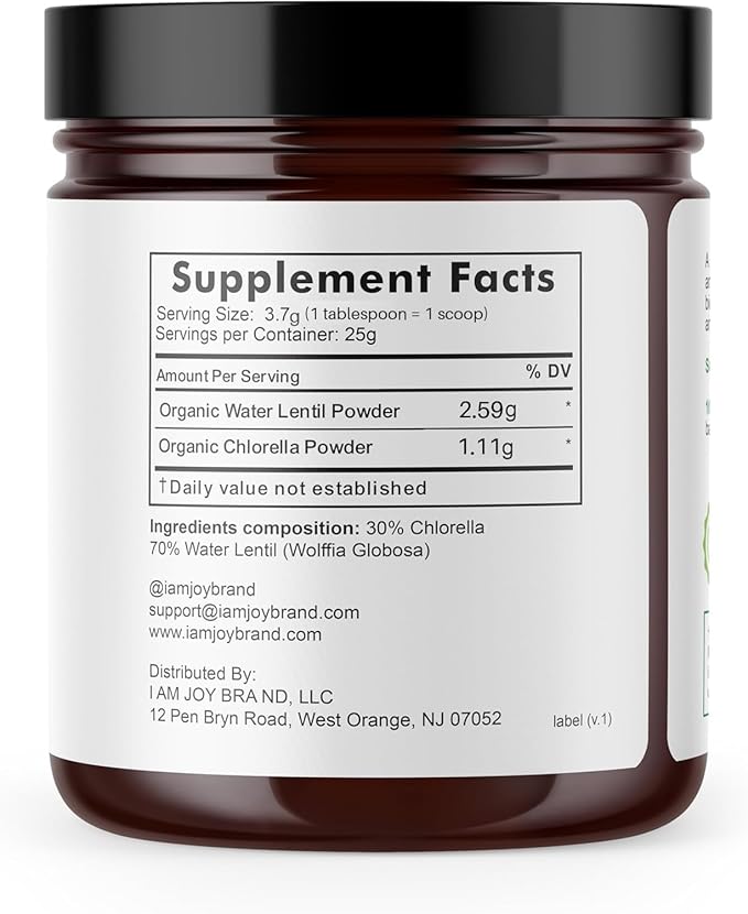 Water Lentil Protein Powder | Best Source of B12 Vitamin | aka Duckweed | with Organic Chlorella | Sugar Free | Rapid Energy Booster | Sustainably Farmed | 100% Recyclable 10oz Jar