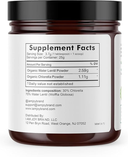 Water Lentil Protein Powder | Best Source of B12 Vitamin | aka Duckweed | with Organic Chlorella | Sugar Free | Rapid Energy Booster | Sustainably Farmed | 100% Recyclable 10oz Jar