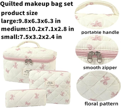 3 Pcs Quilted Makeup Bag Set,Coquette Bow Make up Bag,Cute Floral Makeup Bags Large Travel Toiletry Cosmetic Bag Organizer for Women Girls (L-3PCS)