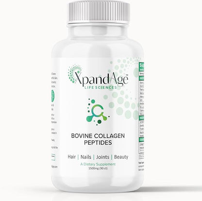 XpandAge's Bovine Collagen Peptides contain Biotin, Niacin, Vitamin C, Vitamin D, Thiamin, Paba, Hyaluronic acid, Turmeric, Bioperine, and more for healthy Hair, Nails, Beauty, Joint, and Bone health.