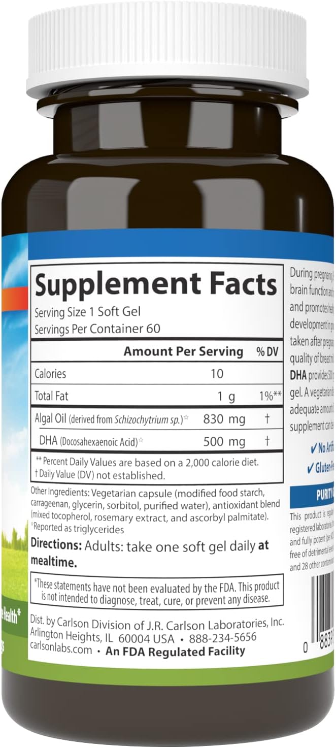 Carlson - Vegetarian Prenatal DHA, 500 mg DHA, Plant Based, Sustainably Sourced from Algae, Prenatal Support, Fetal Development, 60 Softgels
