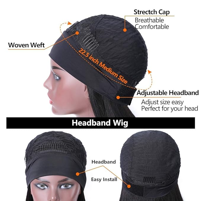 Headband Wigs Human Hair 180% Density 12A Kinky Straight Human Hair Headband Wigs For Black Women Yaki Straight Human Hair Wigs With Headband Attached Half Wig Natural Black Color 22 Inch
