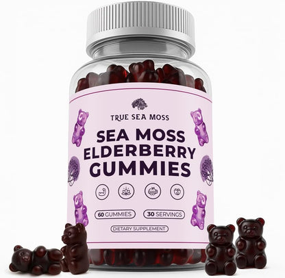 Sea Moss Elderberry Gummies with Magnesium, Burdock Root and Bladderwrack - Immune Support for Kids and Adults 60pcs - Bag Pack of 1