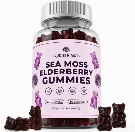 Sea Moss Elderberry Gummies with Magnesium, Burdock Root and Bladderwrack - Immune Support for Kids and Adults 60pcs - Bag Pack of 1