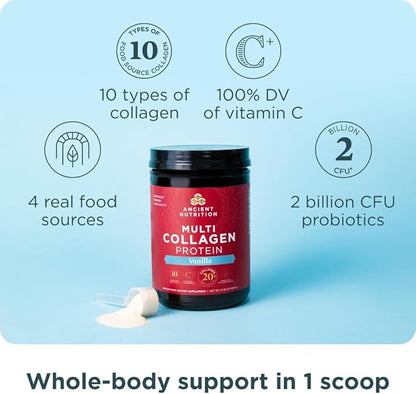 Ancient Nutrition Collagen Powder Protein with Probiotics, Multi Collagen Protein with Vitamin C, Hydrolyzed Collagen Peptides Supports Skin and Nails, Gut Health (60 Servings, Vanilla)