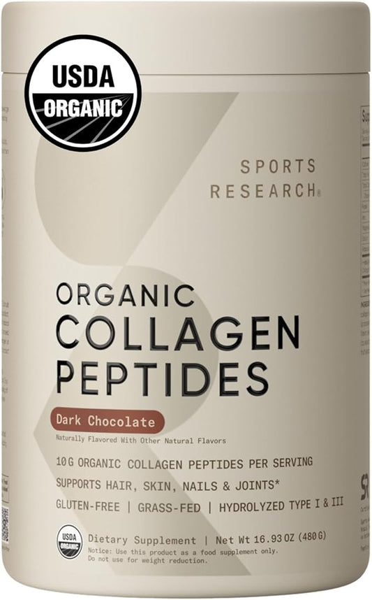 Sports Research Organic Collagen Peptides (Dark Chocolate) - Hydrolyzed Type I & III Collagen Protein Powder with Amino Acids - USDA Organic, Gluten Free, Sustainably Sourced - 30 Servings