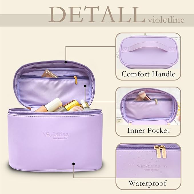 Travel Cosmetic Bag for Women, PU Leather Cosmetic Bag Set of 2, Waterproof, Large Makeup Bag with Handle (Light purple makeup bag)