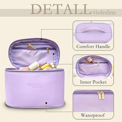 Travel Cosmetic Bag for Women, PU Leather Cosmetic Bag Set of 2, Waterproof, Large Makeup Bag with Handle (Light purple makeup bag)