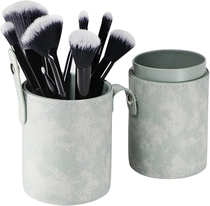 Portable Makeup Brush Case,Pu Leather Makeup Brush Holder with Button,Travel Cup Storage Dustproof Makeup Cosmetic Bags for Women (Cyan)