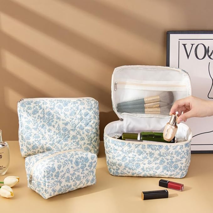 FITINI 2 Pcs Makeup Bag Large Cosmetic Bags Portable Travel Toiletry Case Organizer Cute Small Brushes Storage Pouch with Zipper for Women Purse,Quilting Blue Flower