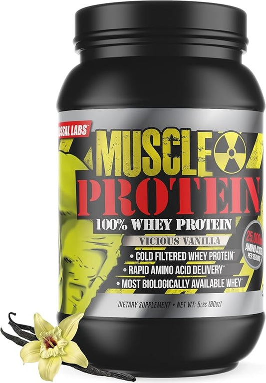 Muscle Protein Whey Powder [5 lbs/Pack of 1]–Vanilla Protein Powder, Cold Filtered, 25g Pure Protein, 6.6g BCAAs (Packaging May Vary)