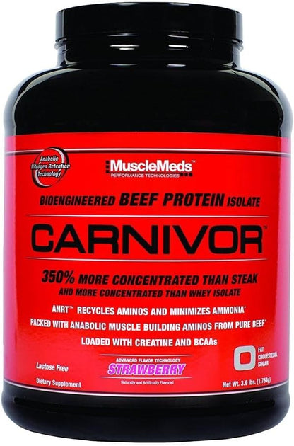 MuscleMeds Carnivor Beef Protein Isolate, 0 Lactose, 0 Sugar, 0 Fat, Halal Certified, Strawberry, 3.9lb, 56 Servings, 3.9lb
