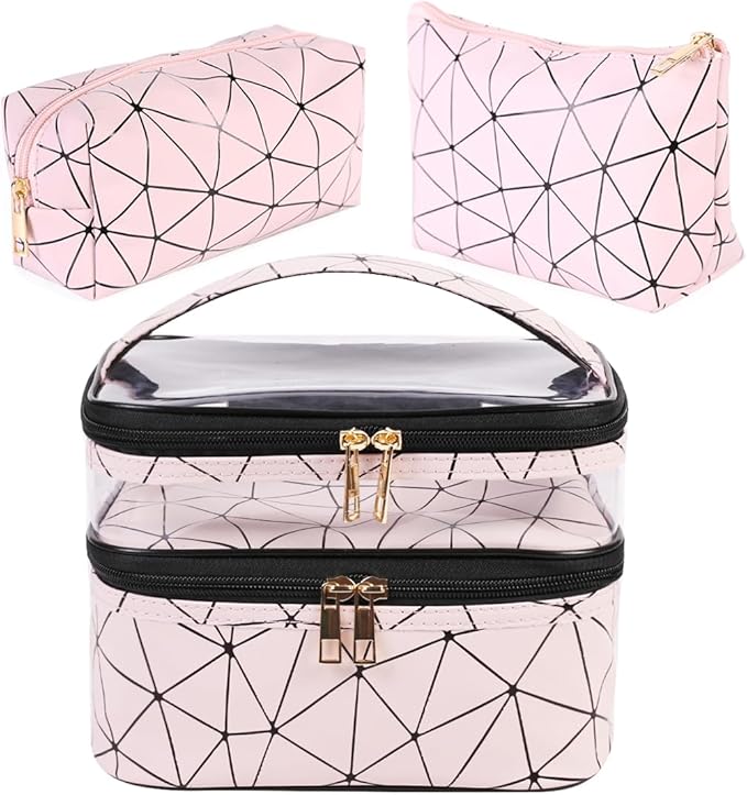 FITINI 3 Pieces Makeup Bags Double Layer Travel Large Cosmetic Cases Organizer Toiletry Bags Waterproof Small Zipper Pouch for Women Makeup Brush Storage Bag,Blush Pink
