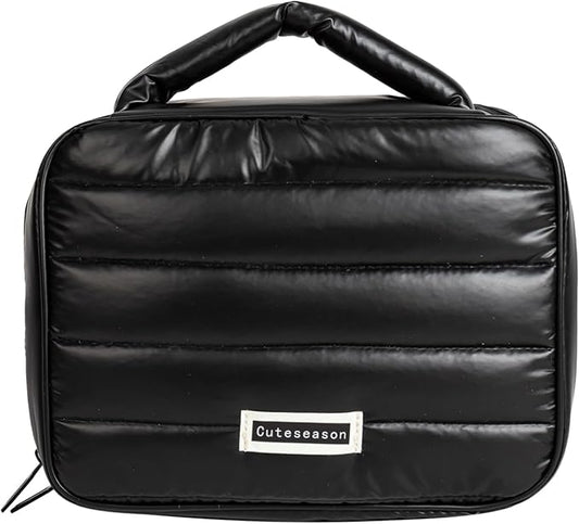Shiny Puffy Makeup Bag Large Capacity Travel Water-proof Toiletry Bag Drop-proof Digital Product Organizer (Black, L)