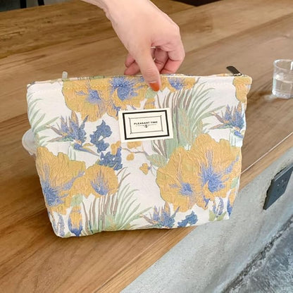 Cosmetic Bags for Women Makeup Bag Large Capacity Purse Travel Toiletry Zipper Storage Pouch Make up Brushes Organizer for Gifts (Orange, paint flowers)