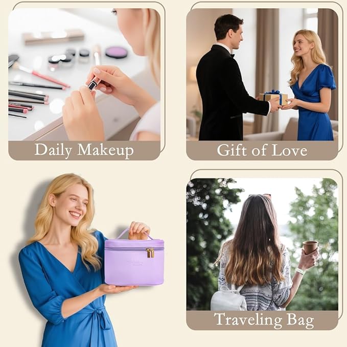 Travel Cosmetic Bag for Women, PU Leather Cosmetic Bag Set of 2, Waterproof, Large Makeup Bag with Handle (White makeup bag)