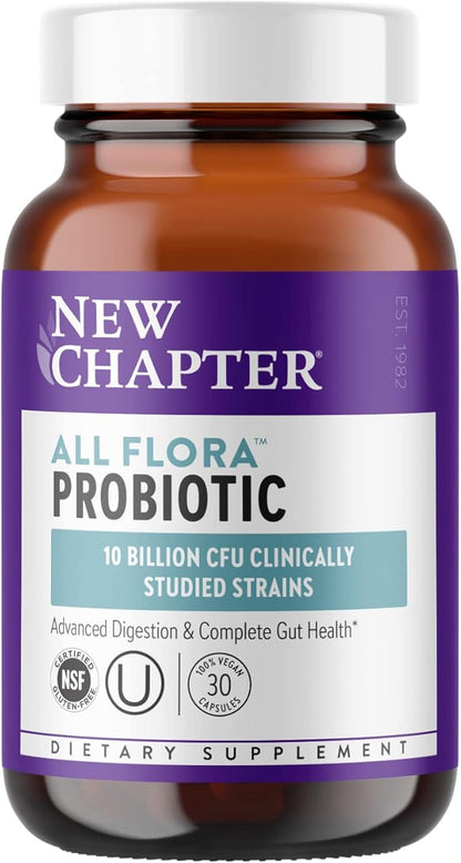 New Chapter Probiotic All-Flora - 30 ct (1 Month Supply) for Advanced Digestion & Complete Gut Health with Prebiotics + Postbiotics, Clinically Studied Strains, 100% Vegan, Non-GMO, Shelf Stable