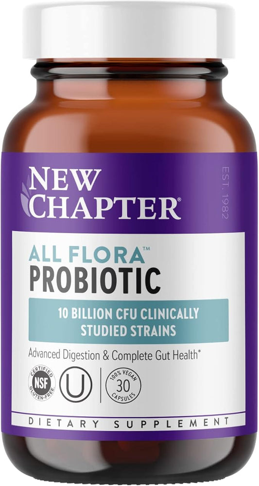 New Chapter Probiotic All-Flora - 30 ct (1 Month Supply) for Advanced Digestion & Complete Gut Health with Prebiotics + Postbiotics, Clinically Studied Strains, 100% Vegan, Non-GMO, Shelf Stable
