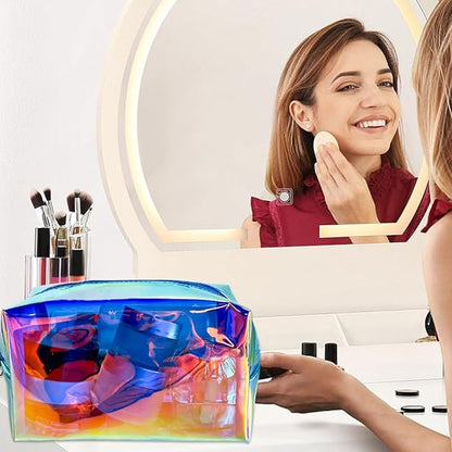 ONEART 2Pack Holographic Cosmetic Bags, Portable Iridescent Makeup Bag, Waterproof Zippered Toiletry Bags for Travel Makeup Brush Holder, Women Organizer Bag Cases