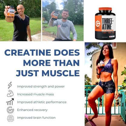 Creatine Capsules - 5g Premium 3X ThreeAtine Pre Workout Bulk Muscle Mass Gainer - High Absorption Easy-to-Take Creatine Monohydrate Pills Alternative Optimum Performance for Men Women - 180 Capsules