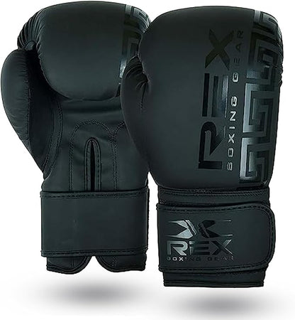 REX Boxing Gloves Training Boxing Punching Gloves for Kids & Adult PU Leather | Matte Black Glove for Sparring Kickboxing, Fighting