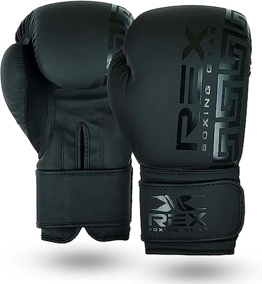 REX Boxing Gloves Training Boxing Punching Gloves for Kids & Adult PU Leather | Matte Black Glove for Sparring Kickboxing, Fighting