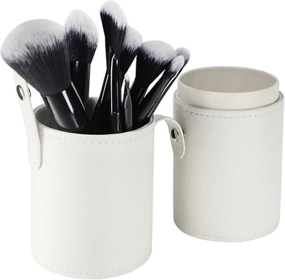 Portable Makeup Brush Case,Pu Leather Makeup Brush Holder with Button,Travel Cup Storage Dustproof Makeup Cosmetic Bags for Women (White)