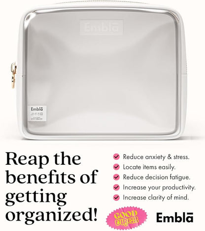 Embla Clear Cosmetic Bag Makeup Case, Clear Zipper Make Up Pouch and Toiletry Travel Tote, Cute Skincare Pouches for Women Girls, Preppy Purse Cosmetic Organizer, Large Makeup Bags, White