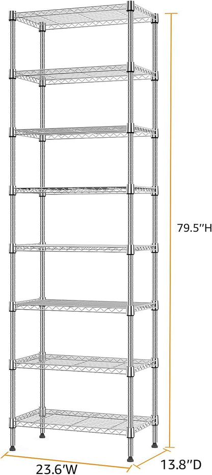 MZG 8 Tier 2000 lbs Storage Rack Metal Wire Shelving Unit, Storage Standing Shelf Organizer for Laundry Bathroom Kitchen Pantry Closet Garage Basement Utility Room, Chrome 13.8" D x 23.6" W x 79.5" H
