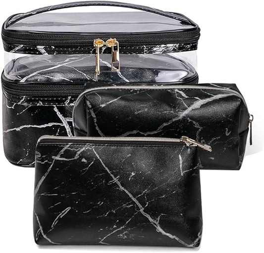 FITINI 3 Pieces Makeup Bags Double Layer Travel Large Cosmetic Cases Organizer Toiletry Bags Waterproof Small Zipper Pouch for Women Makeup Brush Storage Bag,Black Marble