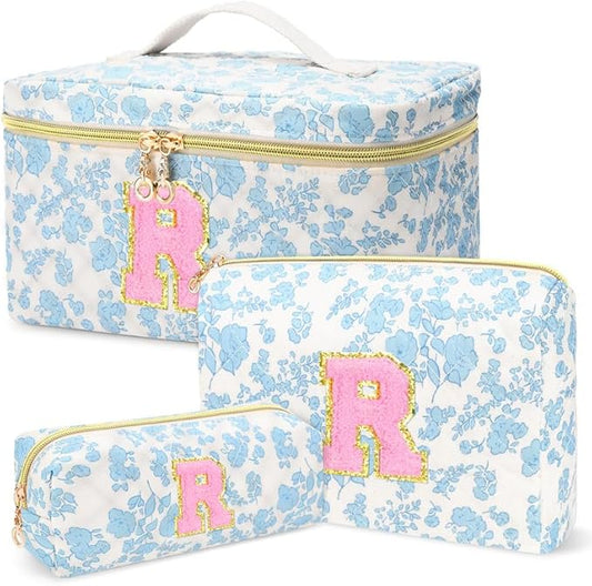 3 PCS Travel Makeup Bag Set, A-Z Initials Cotton Make up Bag Floral Quilted Cosmetic Bag for Girls and Women, Personalized Cute Toiletry Bag Travel Accessories Brushes Bag Blue - R