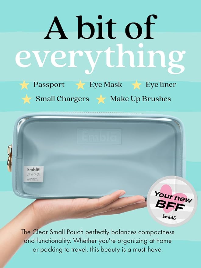 Embla Clear Cosmetic Bag Makeup Case, Clear Zipper Make Up Pouch and Toiletry Travel Tote, Cute Skincare Pouches for Women Girls, Preppy Purse Cosmetic Organizer, Small Makeup Bags, Sky Blue