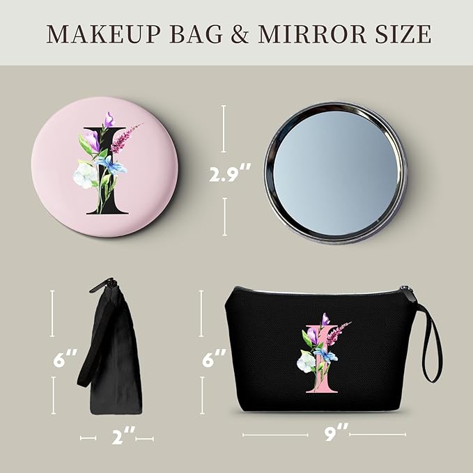 SEAMOON Bride to be Birthday Womens Unique Initial Monogram Gifts for Women Mom Personalized Travel Makeup Cosmetic Bag with Mirror Valentines Mothers Day Christmas Graduation I