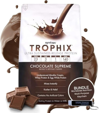 Syntrax Bundle: Trophix Undenatured Casein Protein Chocolate Supreme - Instant Mix Whey Protein & Egg White Protein Powder - 5 Pounds High Protein Powder and Worldwide Nutrition Keychain