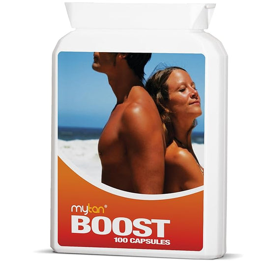 Boost Tan Pills | 100 Capsules | Sun Tan Accelerator | Natural Tanning Supplement | Tyrosine, Copper Multivitamin | 25-Day Extended Holiday Supply