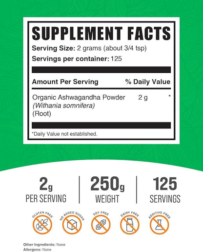 BulkSupplements.com Organic Ashwagandha Powder - Organic Ashwagandha Supplements, Sourced from Ashwagandha Root - Gluten Free, 2g per Serving, 250g (8.8 oz) (Pack of 1)