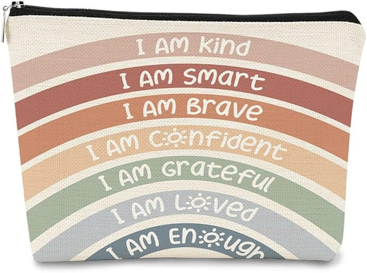 I Am Kind I Am Smart I Am Brave Inspirational Makeup Bag,Makeup Bags for Women, Rainbow Cosmetic Bag Gift for Women,Inspirational Gifts for Women Teacher Coworker