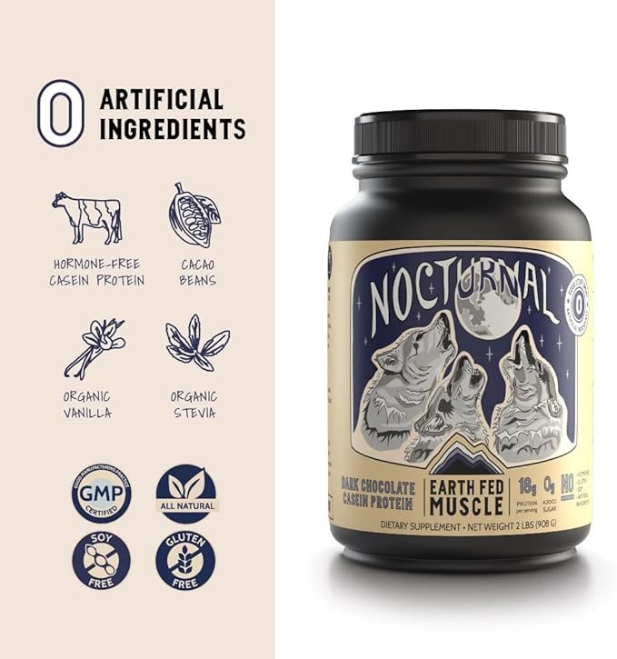 Earth Fed Muscle Nocturnal Casein/Whey Protein Blend. Helps Keep You Full, Overnight Muscle Recovery, Rich Dark Chocolate Flavor - 18g Protein, 23 Servings - Sugar Free, Keto, Soy Free, Gluten Free.