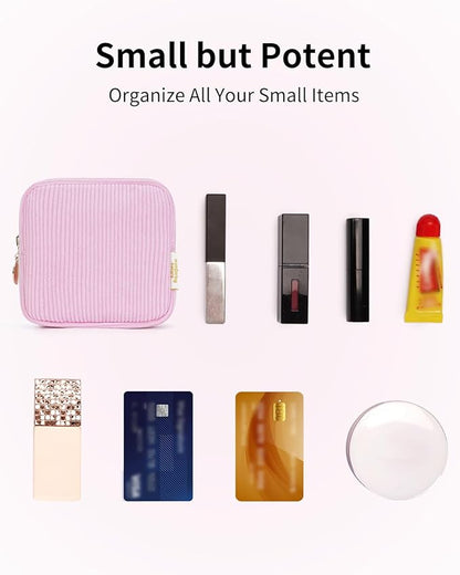 Wandering Nature Small Makeup Bag for Purse Mini Make up Pouch Cute Cosmetic Pouch for Women with Slip-in Pockets Corduroy, Pink
