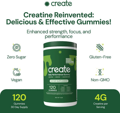 Create Daily Performance Gummy - Creatine Monohydrate Gummies for Men & Women - Boost Energy, Immunity, and Strength, Anti-Melting Formula, Vegan, Gluten-Free, Non-GMO, 1 g Creatine per Gummy (120 ct)