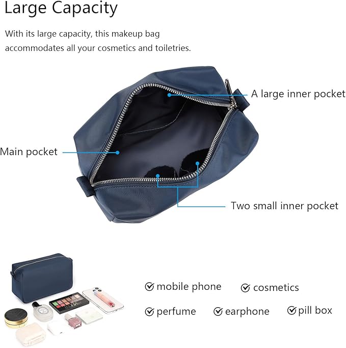 Organizer Bag Lightweight Cosmetic Bag with Ring Clasp Perfect Travel Makeup Bag for Women nylon Stand Up Design (Navy Blue/Nylon)
