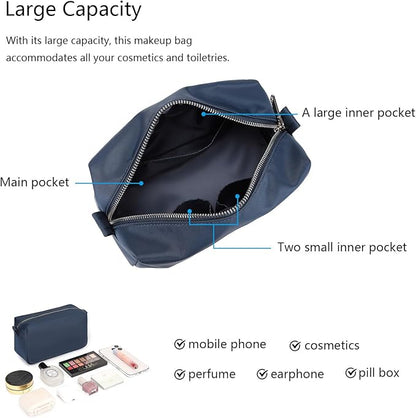 Organizer Bag Lightweight Cosmetic Bag with Ring Clasp Perfect Travel Makeup Bag for Women nylon Stand Up Design (Navy Blue/Nylon)