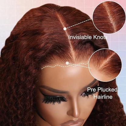 FABA Reddish Brown glueless wigs human hair pre plucked pre cut Deep Wave 7x5 Wear And Go Closure Wigs Reddish Brown Curly Wig Human Hair 180% Density Auburn Wig for Women 12 Inch